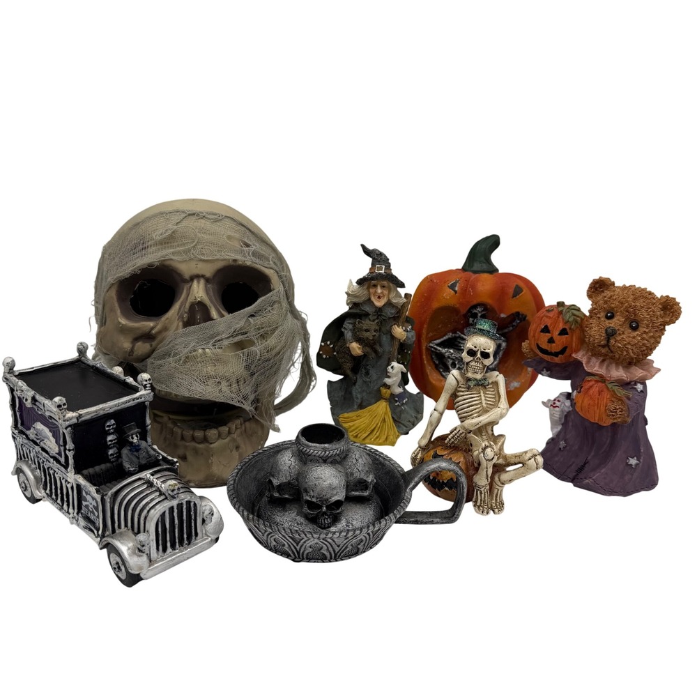 Halloween Decor Lot 7 Lemax+ Witch Skeleton Hearse Bundle Light Up Skull Pumpkin
